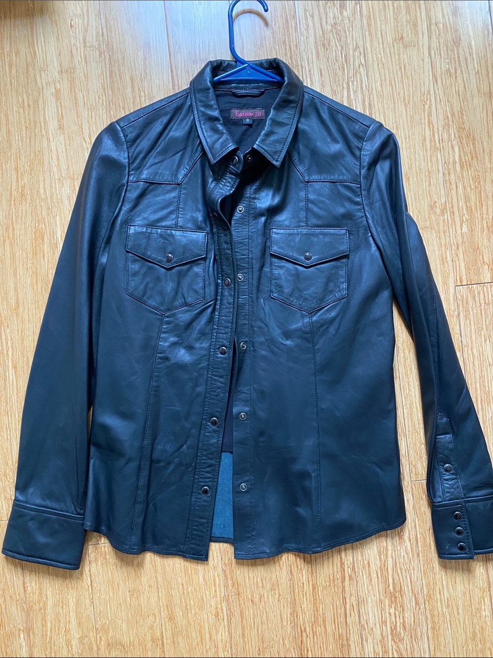 Black Leather Button-Front Jacket - Black
